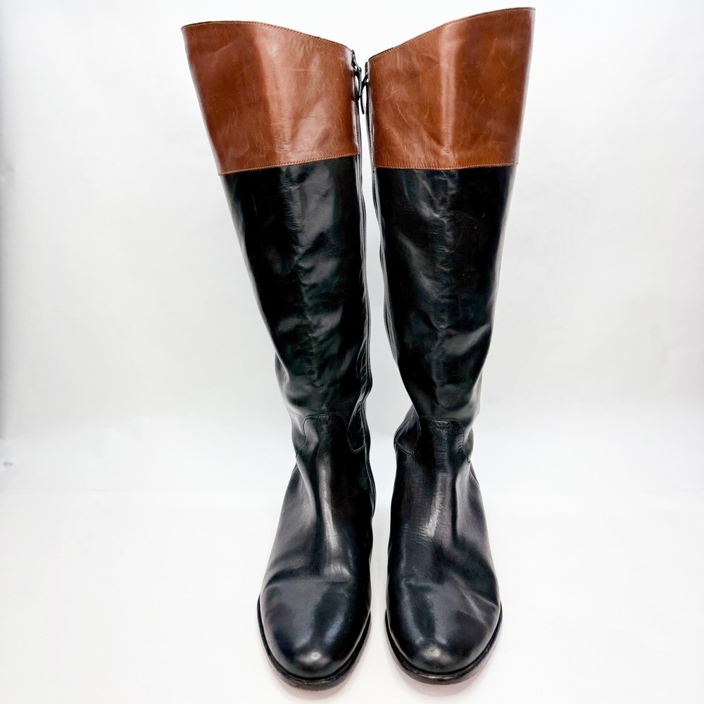 Womens Two Tone Black and Brown Leather Tall Riding Boots Side Zip Low Heel - Picture 2 of 12